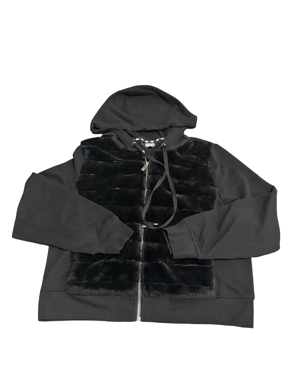 Y2K DKNY Black Faux-Fur Panel Zip Hoodie